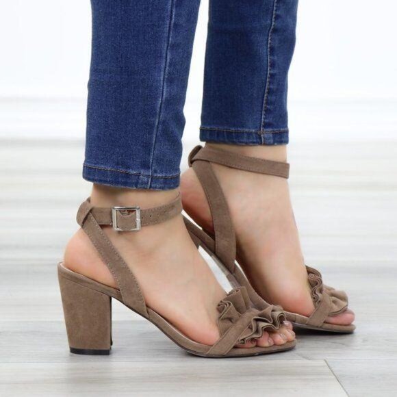 Suede Taupe Chunky Heel Open Ruffle Toe Sandal - Picture 1 of 12